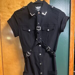 Killstar midi length form fitting dress with buckle harness strap